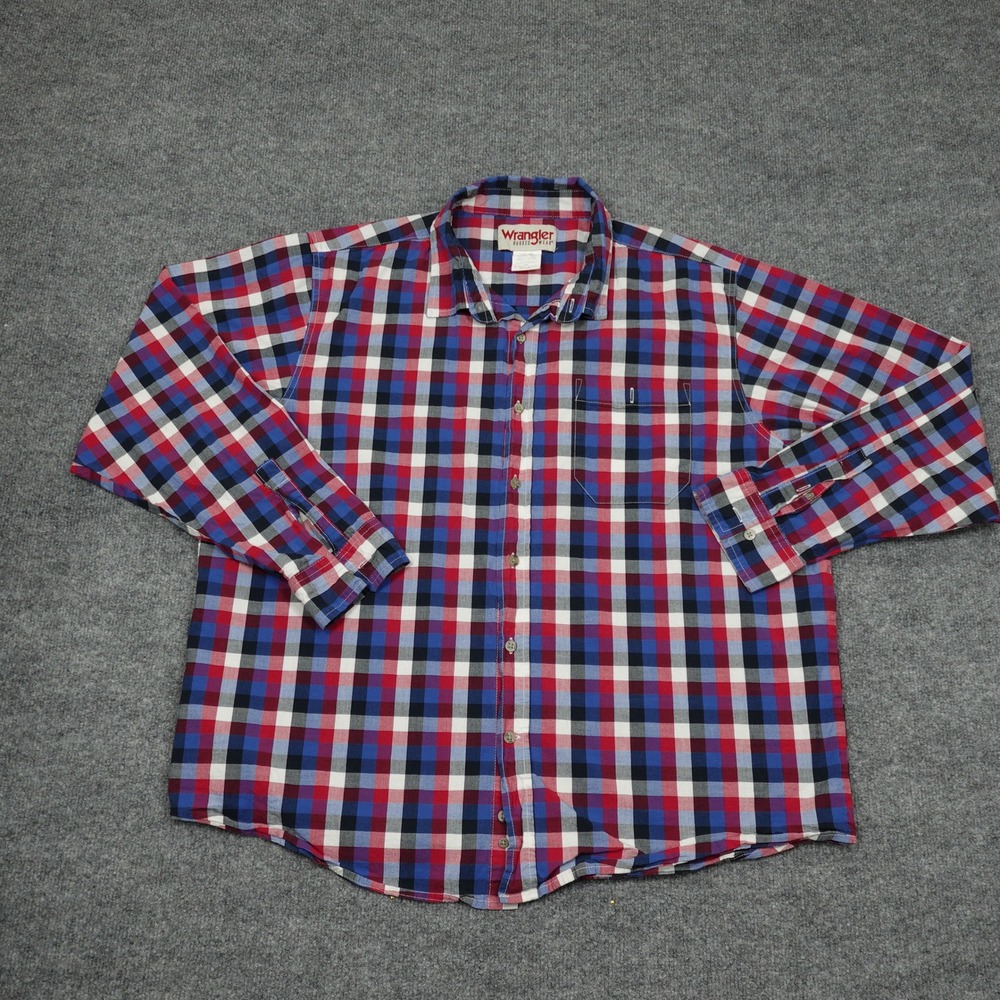 Wrangler Shirt Mens XL Red Blue Plaid Rugged Wear Cotton Stretch Long Sleeve